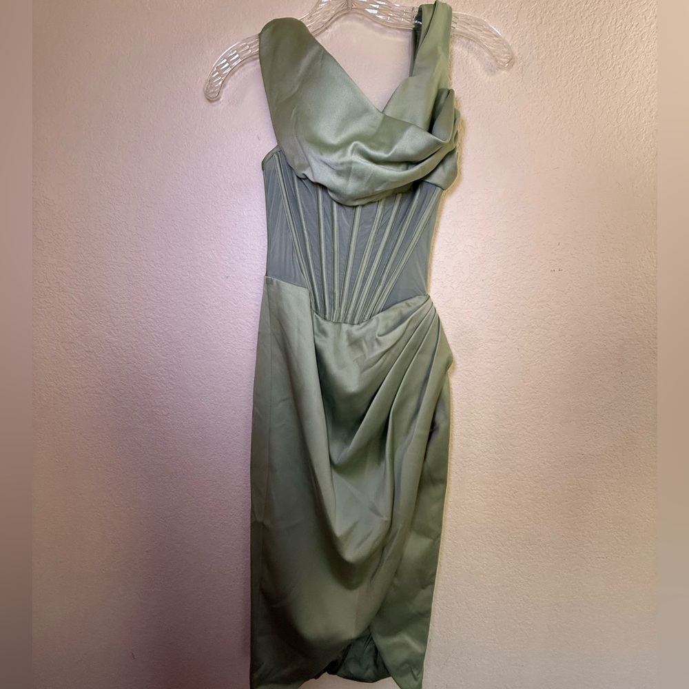 House of CB Lulu Dress asymmetric drape midi corset dress (pistachio)